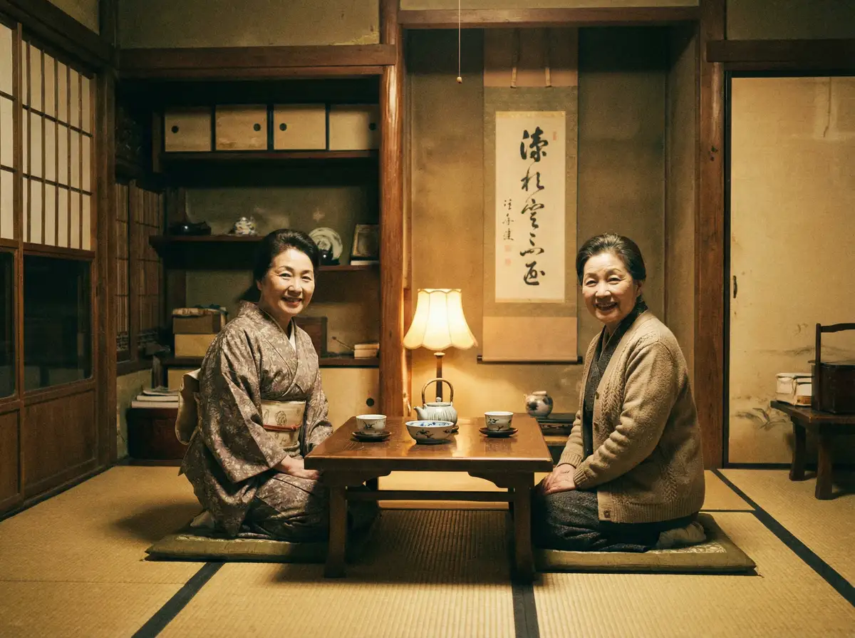 两位优雅的 牛牛体育平台 在日式茶室中品茶交谈
